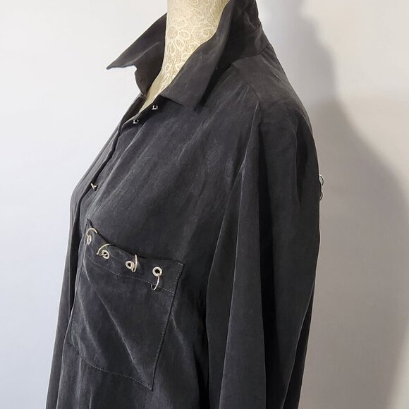 Zara Women's Size M Black Lyocell Ringed Accent Long Sleeve Button Up Shirt Goth - Picture 8 of 16